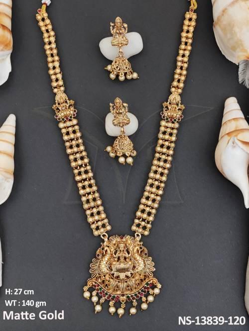 golden-clustered-pearl-laxmi-pendant-matte-gold-polish-beautiful-temple-jewellery-long-temple-necklace-set