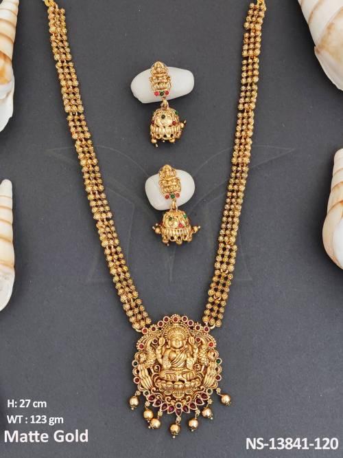 fancy-design-party-wear-beautiful-god-laxmi-pendant-matte-gold-polish-long-temple-jewellery-temple-necklace-set