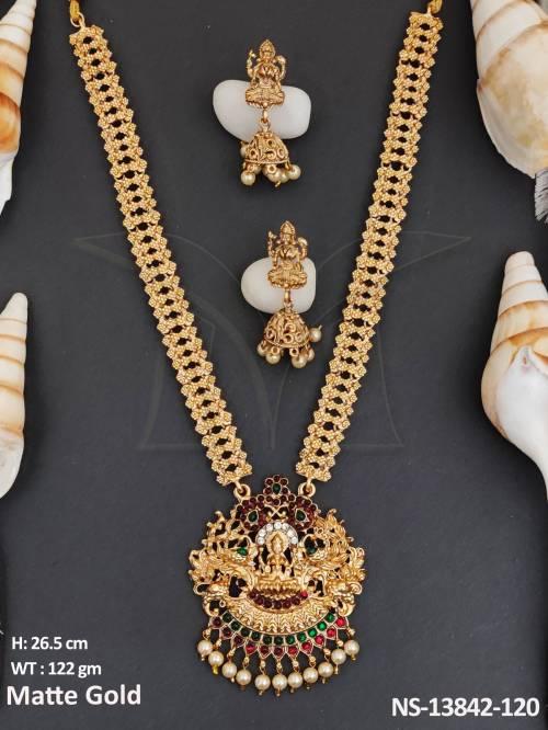 matte-gold-polish-clustered-pearl-laxmi-pendant-designer-fancy-style-temple-jewellery-long-temple-necklace-set