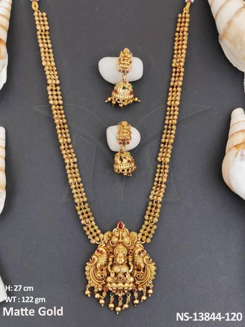 golden-clustered-pearl-matte-gold-polish-laxmi-pendant-long-temple-jewellery-temple-necklace-set-