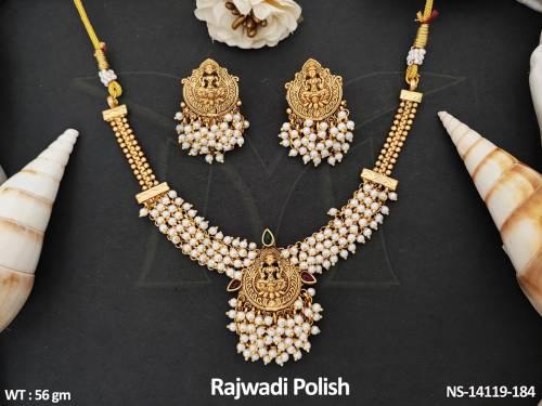Rajwadi Polish Party Wear Fancy Beautiful South Design Temple Necklace Set 