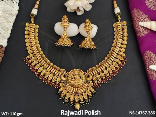 Temple Jewellery Rajwadi Polish Clustered Pearl Traditional Wear Temple Necklace Set 