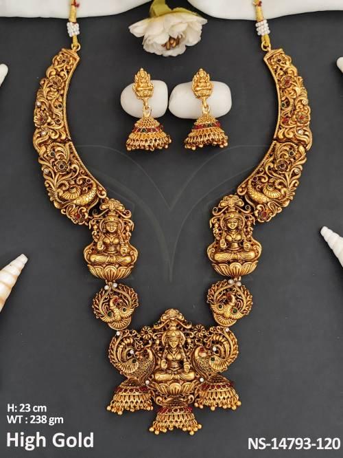 Temple Jewellery High Gold Polish South Design   Wedding Wear God Laxmi Figure Long Temple Necklace set 