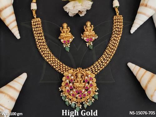 Temple Jewellery High Gold Polish Beautiful Design Temple Necklace Set 