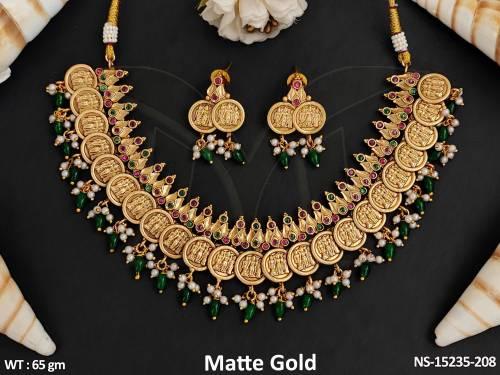 Artificial Temple Jewelley Beautiful Matte Gold Polish God FaceTemple Necklace Set 