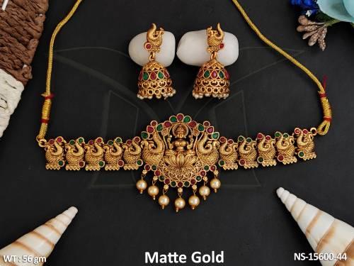 Temple Jewellery God Laxmi With Peacock Design Matte Gold Polish Necklace Set 