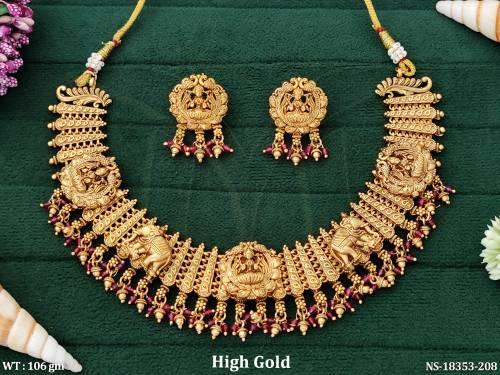 Designer Clustered Pearl Full Stone High Gold Fancy Necklace Set   