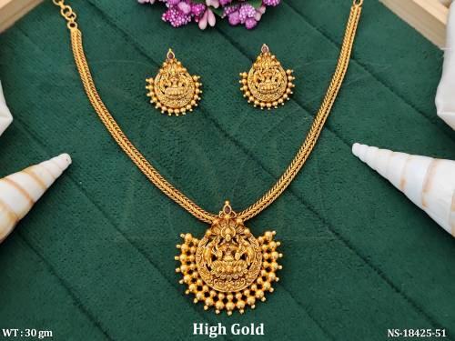 Designer Temple High Gold Polish Full Stone Necklace Set   