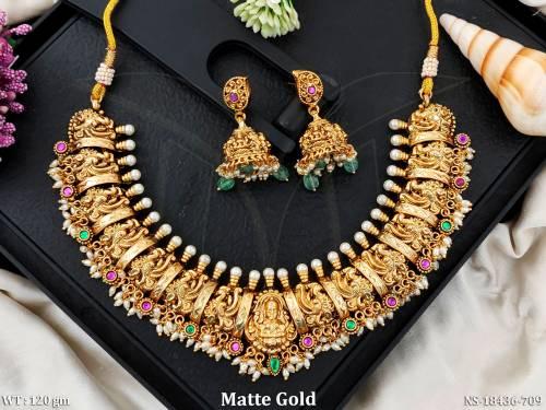 Temple Designer Matte Gold Polish Necklace Set   