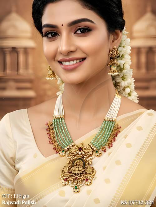 Design Rajwadi Polish Full Stone Short Temple Design Necklace Set