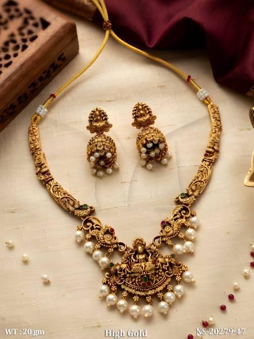 Designer Temple Necklace Set High Gold with Jhumka Earrings