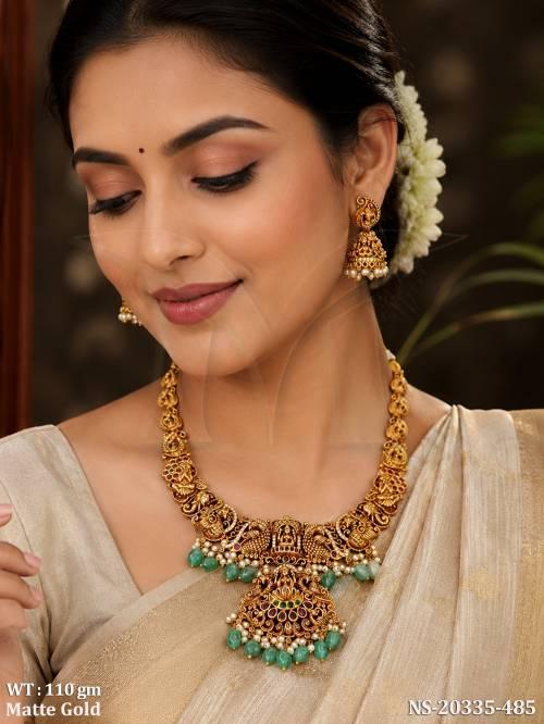 Temple Lakshmi Matte Gold Peacock Necklace Set with Jhumkas