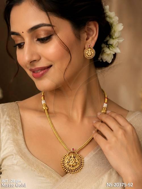 Matte Gold Lakshmi Temple Coin Necklace Set with Earrings