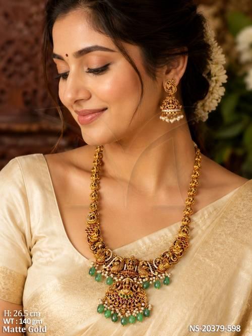 Matte Gold Lakshmi Temple Long Necklace Set with Jhumka