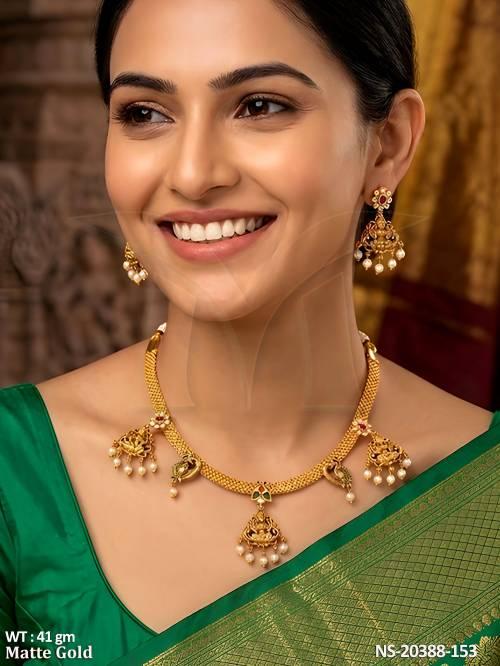 Designer Temple Necklace Set with Jhumka Earrings