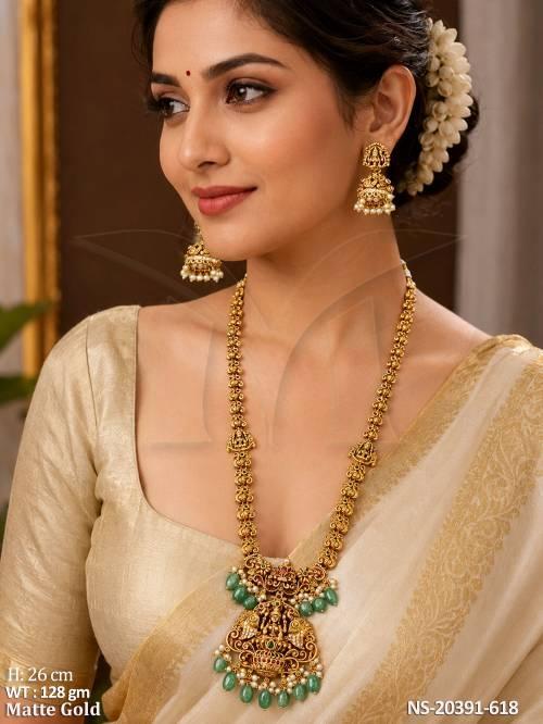 South Indian Temple Long Necklace with Jhumkas