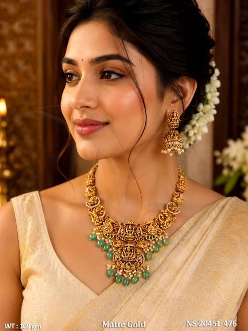 Matte Gold Temple Jewellery Necklace Set with Earrings