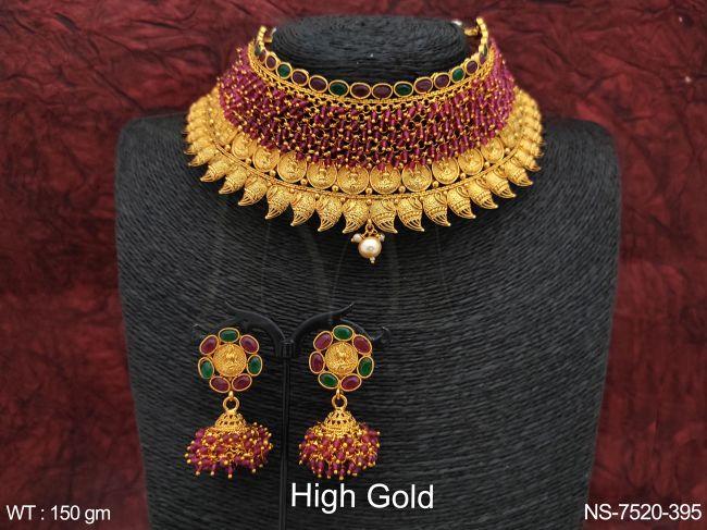designer temple jewelry high gold polish laxmi coin ball chain choker style necklace set