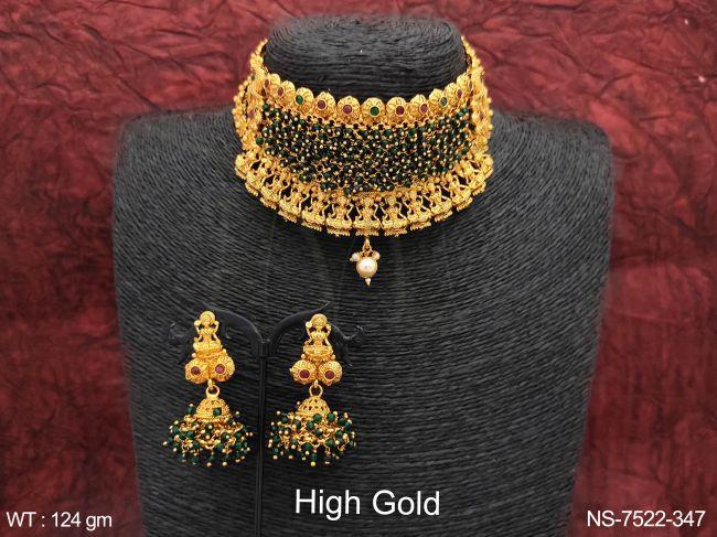 Beautiful Fancy Stylish Ball Chain High Gold Polish Laxmi Design Choker Style Necklace Set — NS-7522-347
