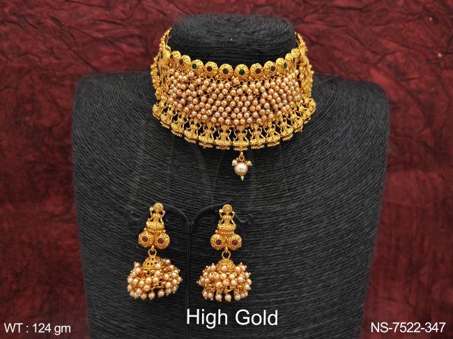 Beautiful Fancy Stylish Ball Chain High Gold Polish Laxmi Design Choker Style Necklace Set — NS-7522-347