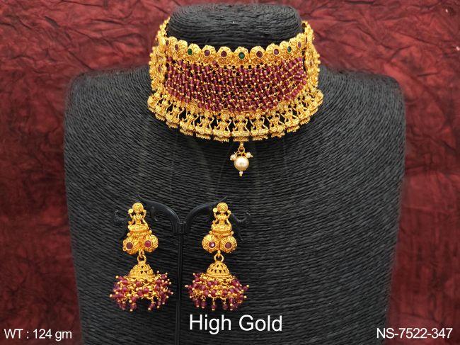 Beautiful Fancy Stylish Ball Chain High Gold Polish Laxmi Design Choker Style Necklace Set — NS-7522-347