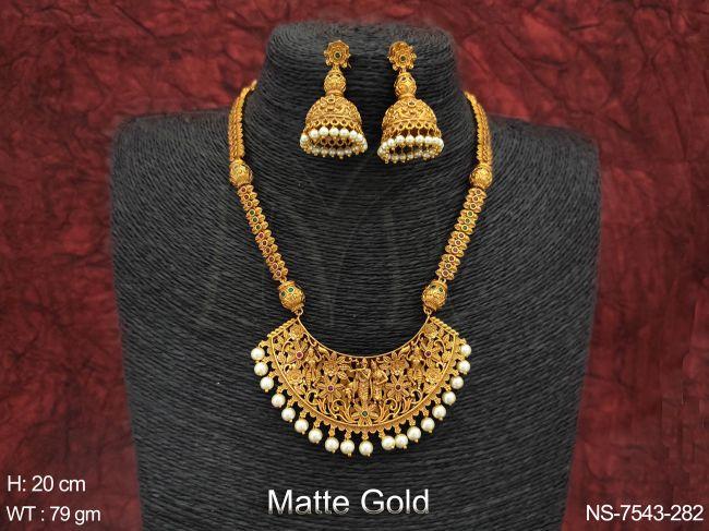 designer temple jewelry high gold polish clustered pearl party wear fancy style necklace set