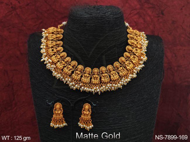 matte gold polish clustered pearl tassels laxmi design beautiful choker style necklace set