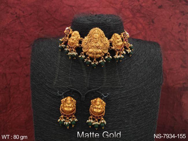 temple jewelry laxmi pendant clustered pear tassels beautiful matte gold polish designer choker style necklace set