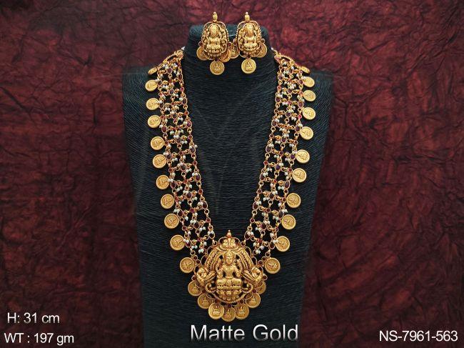 beautiful temple coin laxmi design clustered pearl tassels maate gold polish fancy style party wear long necklace set