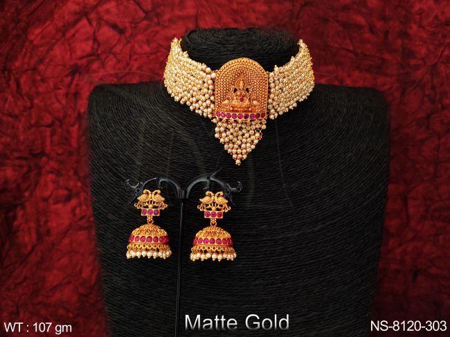 Matte Gold Polish Designer Fancy Style Clustered Pearl Tassels Laxmi Pendant Beautiful Necklace Set
