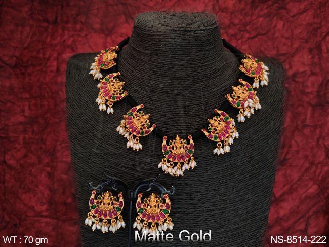 Beautiful Designer Laxmi Design Matte Gold Polish Temple Necklace Set — NS-8514-222