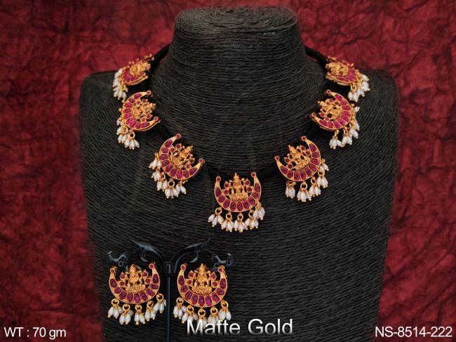 Beautiful Designer Laxmi Design Matte Gold Polish Temple Necklace Set — NS-8514-222