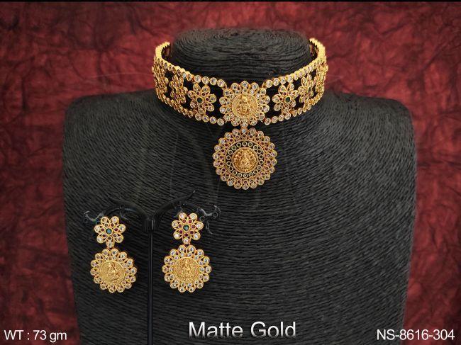 full stones designer beautiful matte gold polish temple necklace set