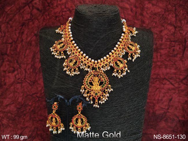 Beautiful Temple Jewelry Matte Gold Polish Laxmi Pendant  Temple Necklace Set