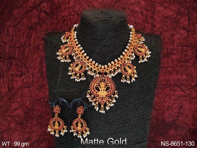 Beautiful Temple Jewelry Matte Gold Polish Laxmi Pendant  Temple Necklace Set — NS-8651-130