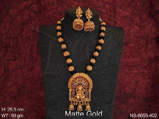 Ganesha Pendant Matte Gold Polish Designer Long Temple Necklace Set