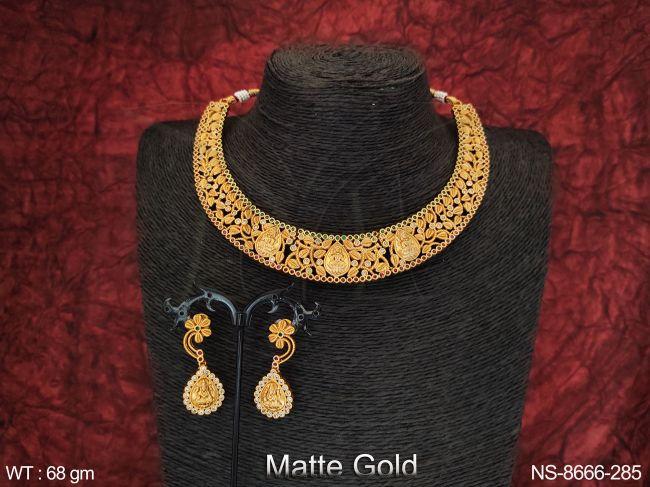 Beautiful Temple Jewelry Matte Gold Polish Party wear Designer Necklace Set