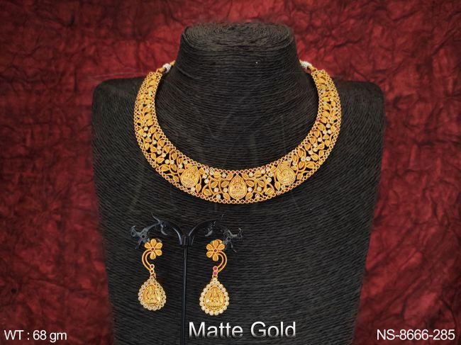 Beautiful Temple Jewelry Matte Gold Polish Party wear Designer Necklace Set — NS-8666-285