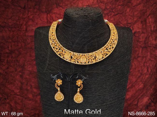 Beautiful Temple Jewelry Matte Gold Polish Party wear Designer Necklace Set — NS-8666-285
