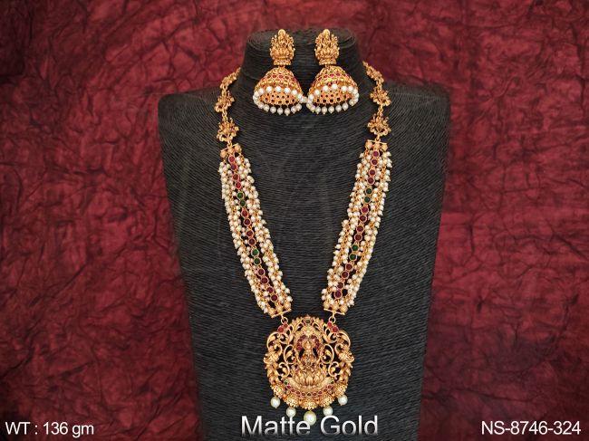 laxmi pendant design matte gold polish long temple necklace set