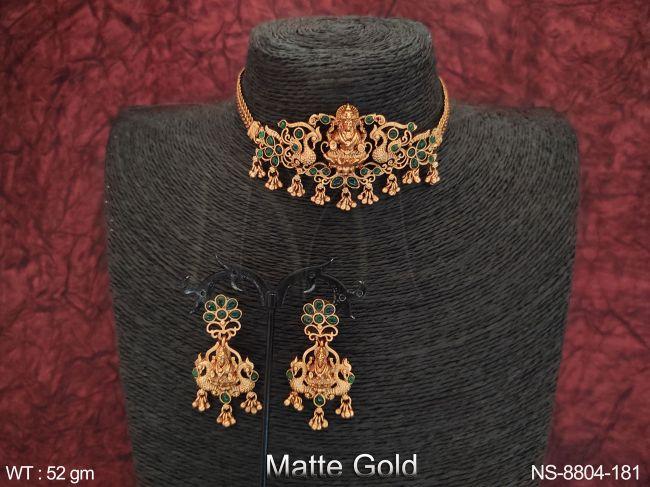 beautiful fancy style matte gold polish designer temple necklace set