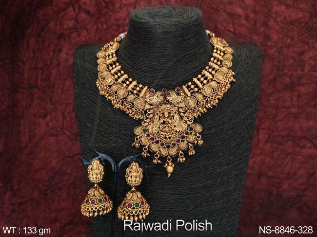 designer fancy style beautiful rajwadi polish temple necklace set