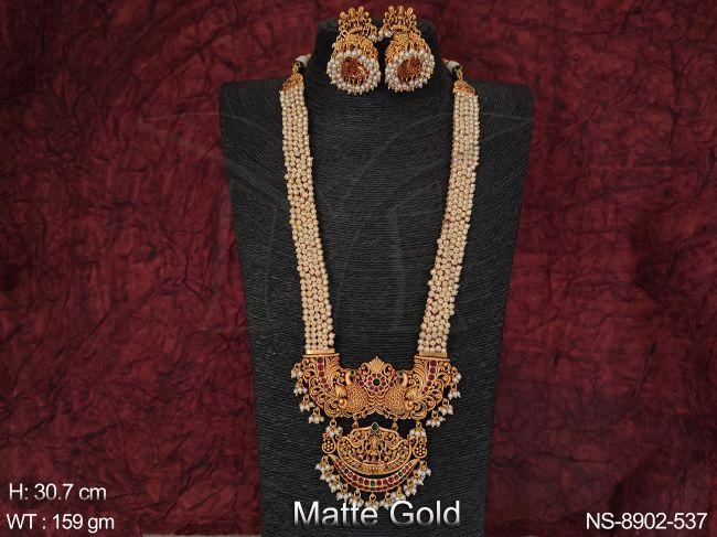 Matte Gold Polish Laxmi Design Pendant Party wear Beautiful Long Temple Necklace Set