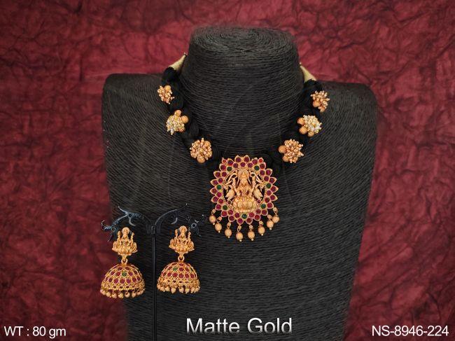 beautiful laxmi design matte gold polish temple necklace set