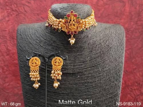 Laxmi Design Clustered Pearl Tassels Party wear Beautiful Temple Necklace Set   