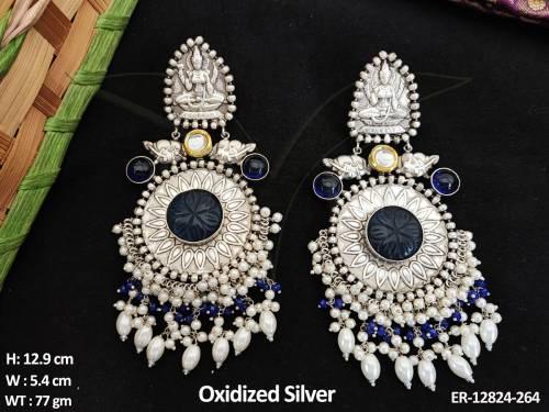 Temple Oxidized Silver Polish Jewellery Beautiful Fancy Design Earrings Set 