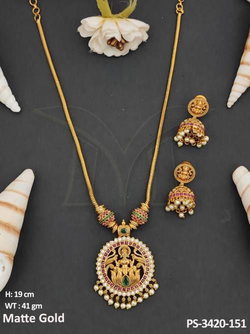 clustered-pearl-designer-fancy-style-matte-gold-polish-long-temple-jewellery-temple-pendant-set