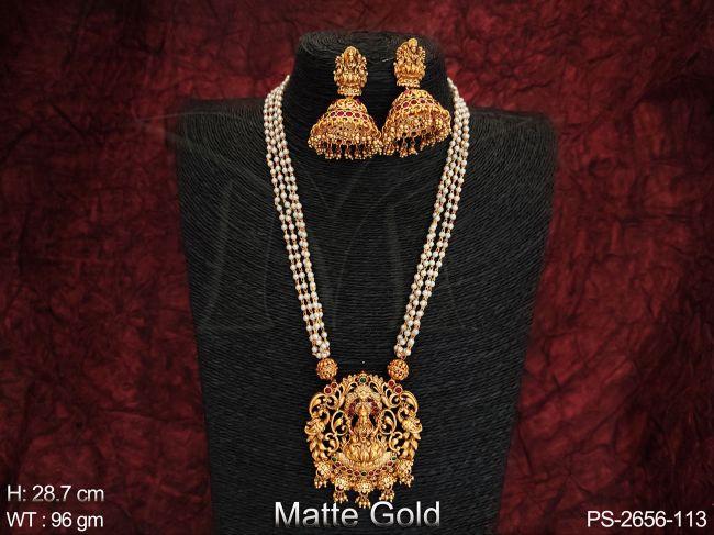 Matte Gold Polish Beautiful Laxmi Design Clustered Pearl Long Temple Pendant Set — PS-2656-113