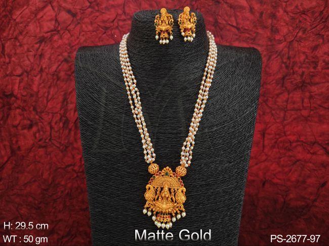 Matte Gold Polish God Laxmi Desing Pendant Clustered Pearl Long Party wear Temple Pendant Set — PS-2677-97