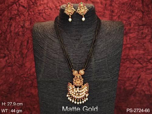 Beautiful Pendant Design Clustered Pearl Matte Gold Polish Long Temple Pendant Set  — PS-2724-66